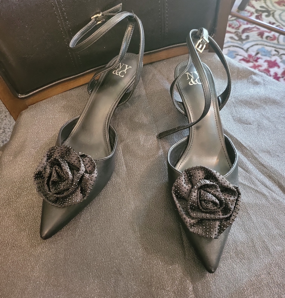 New York & Company Black Pointed-Toe Ankle-Strap Heels with Floral Rosettes
